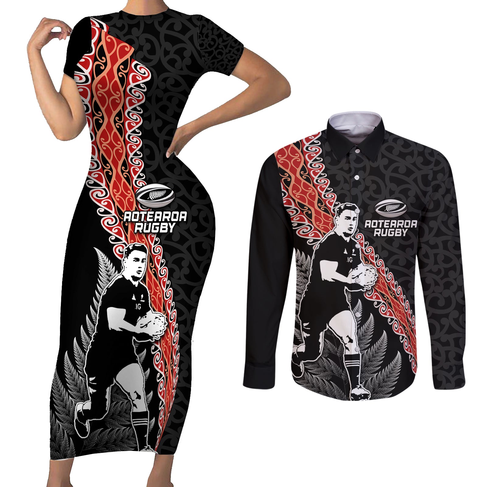 New Zealand Maori Rugby Player Couples Matching Short Sleeve Bodycon Dress and Long Sleeve Button Shirt Maori and Silver Fern Half Style