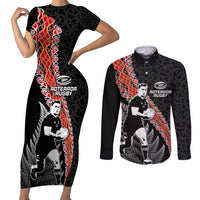 New Zealand Maori Rugby Player Couples Matching Short Sleeve Bodycon Dress and Long Sleeve Button Shirt Maori and Silver Fern Half Style