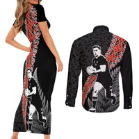 New Zealand Maori Rugby Player Couples Matching Short Sleeve Bodycon Dress and Long Sleeve Button Shirt Maori and Silver Fern Half Style