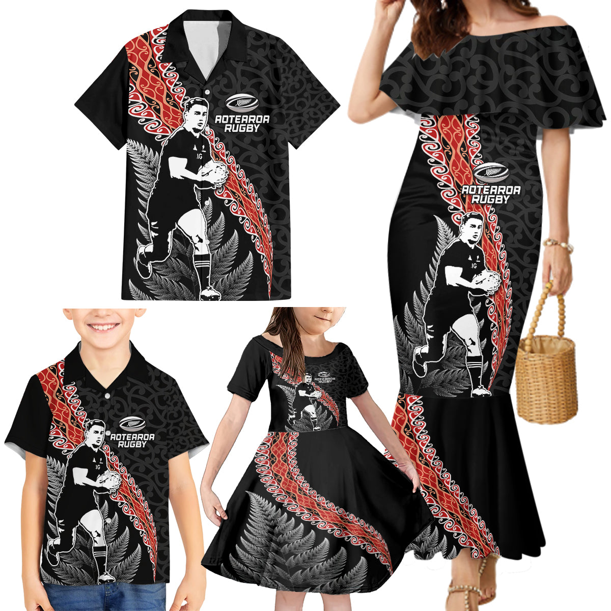 New Zealand Maori Rugby Player Family Matching Mermaid Dress and Hawaiian Shirt Maori and Silver Fern Half Style