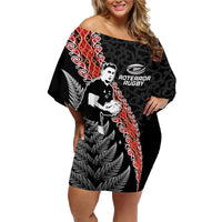 New Zealand Maori Rugby Player Family Matching Off Shoulder Short Dress and Hawaiian Shirt Maori and Silver Fern Half Style