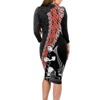 New Zealand Maori Rugby Player Long Sleeve Bodycon Dress Maori and Silver Fern Half Style