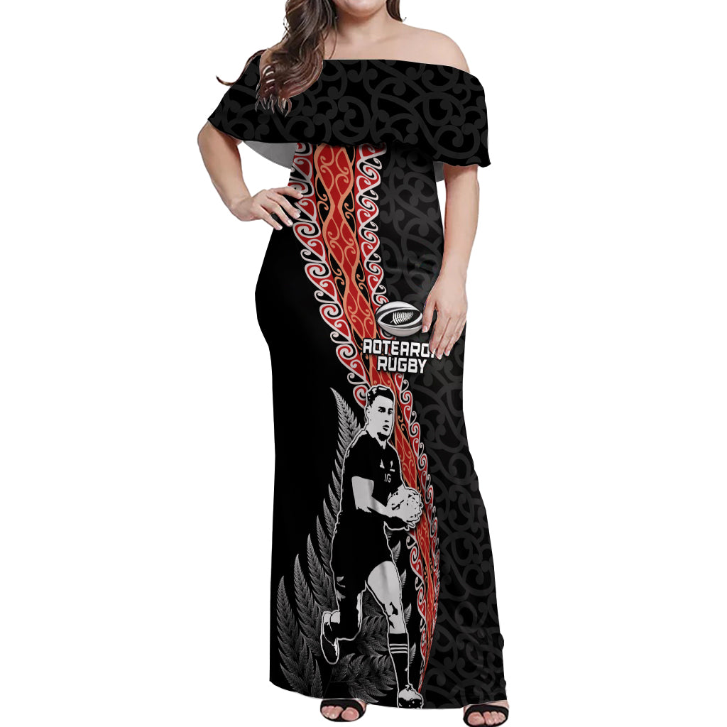New Zealand Maori Rugby Player Off Shoulder Maxi Dress Maori and Silver Fern Half Style