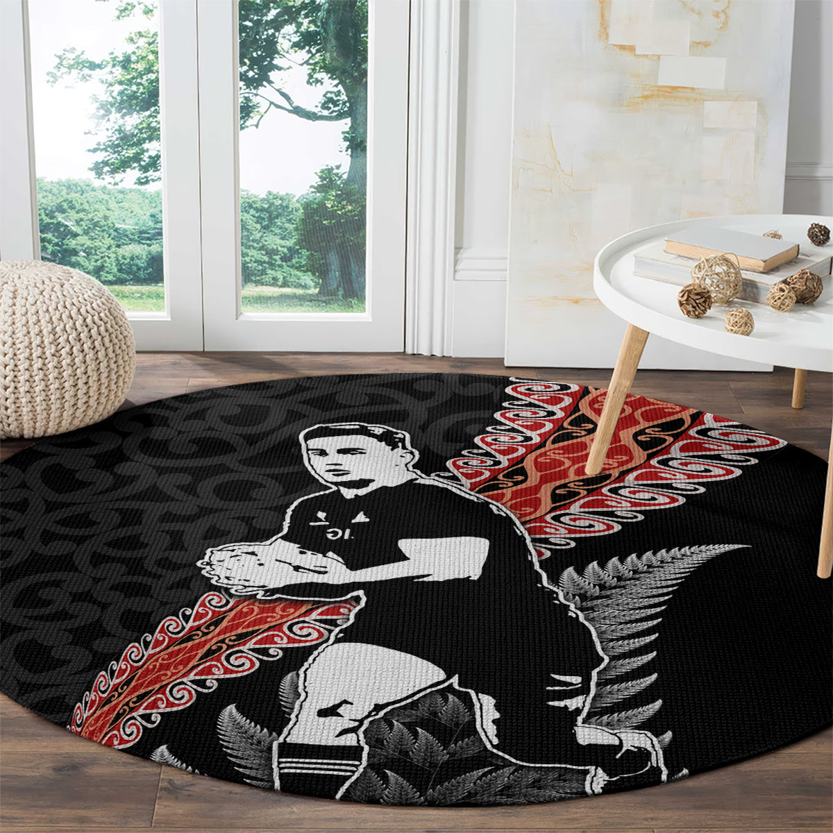 New Zealand Maori Rugby Player Round Carpet Maori and Silver Fern Half Style