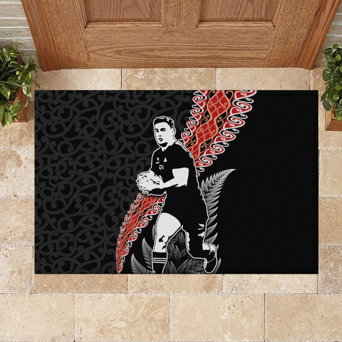 New Zealand Maori Rugby Player Rubber Doormat Maori and Silver Fern Half Style