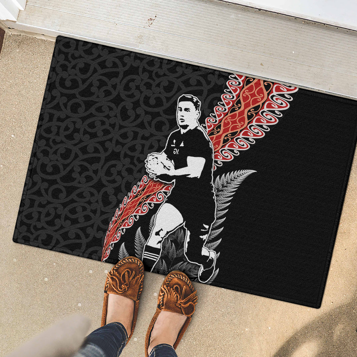 New Zealand Maori Rugby Player Rubber Doormat Maori and Silver Fern Half Style