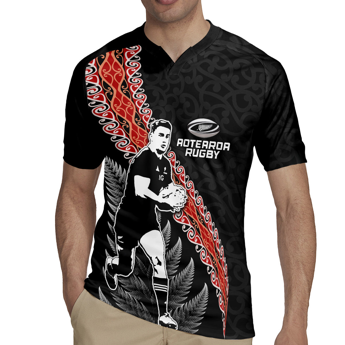 New Zealand Maori Rugby Player Rugby Jersey Maori and Silver Fern Half Style