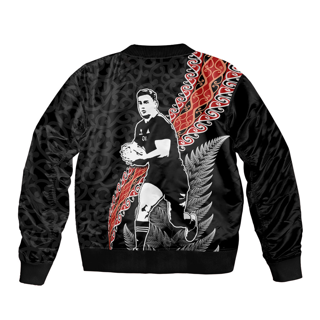 New Zealand Maori Rugby Player Sleeve Zip Bomber Jacket Maori and Silver Fern Half Style