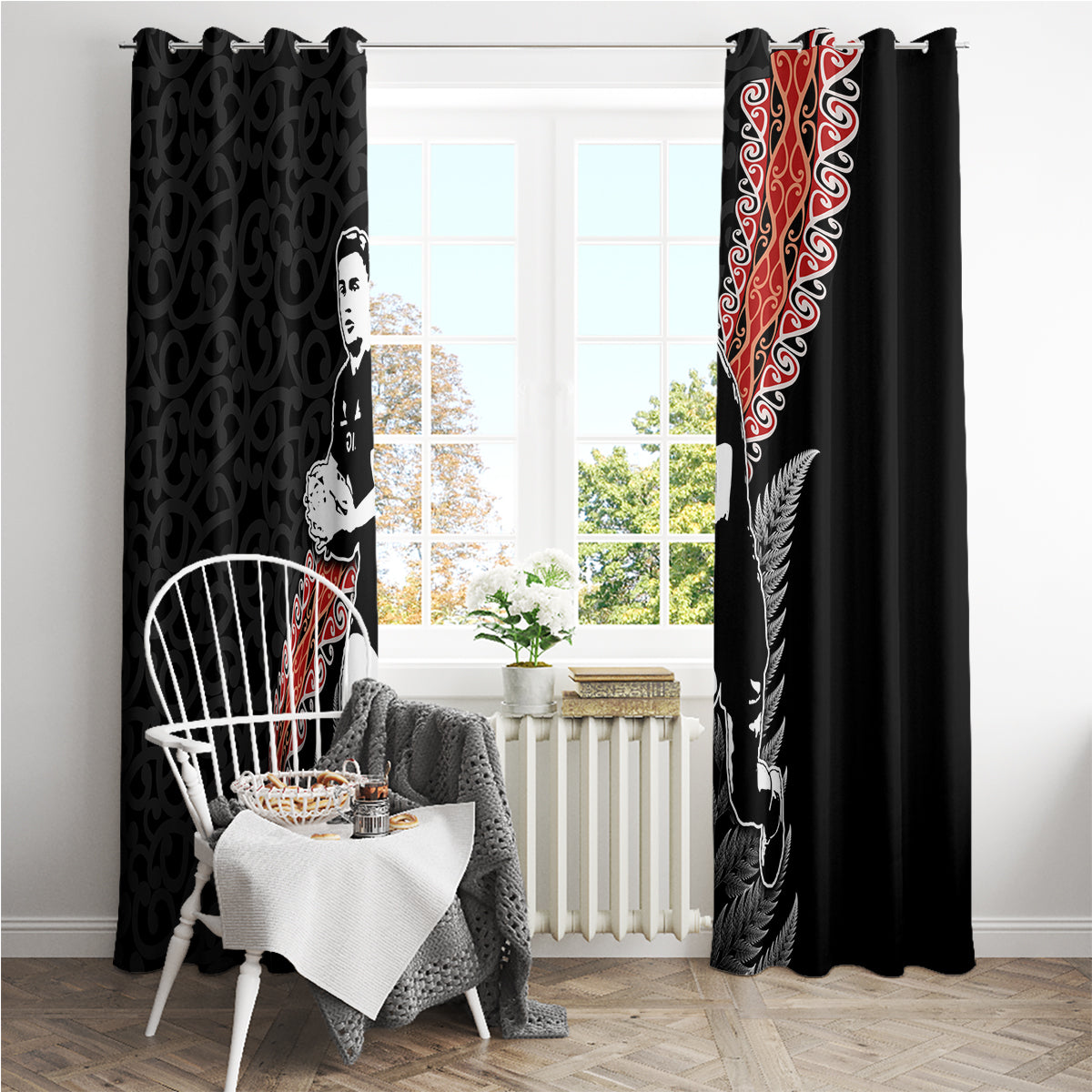 New Zealand Maori Rugby Player Window Curtain Maori and Silver Fern Half Style