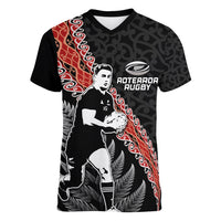 New Zealand Maori Rugby Player Women V-Neck T-Shirt Maori and Silver Fern Half Style
