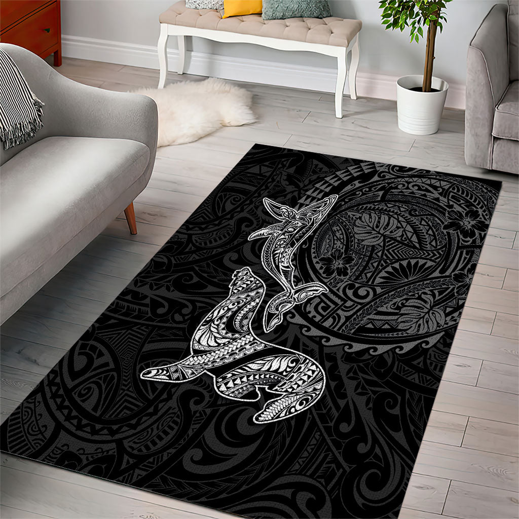 Hawaiian Monk Seal and Whale Area Rug Kakau Tribal Pattern Grayscale