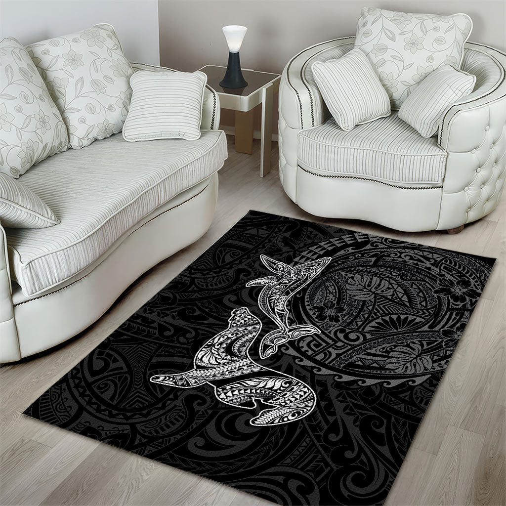 Hawaiian Monk Seal and Whale Area Rug Kakau Tribal Pattern Grayscale