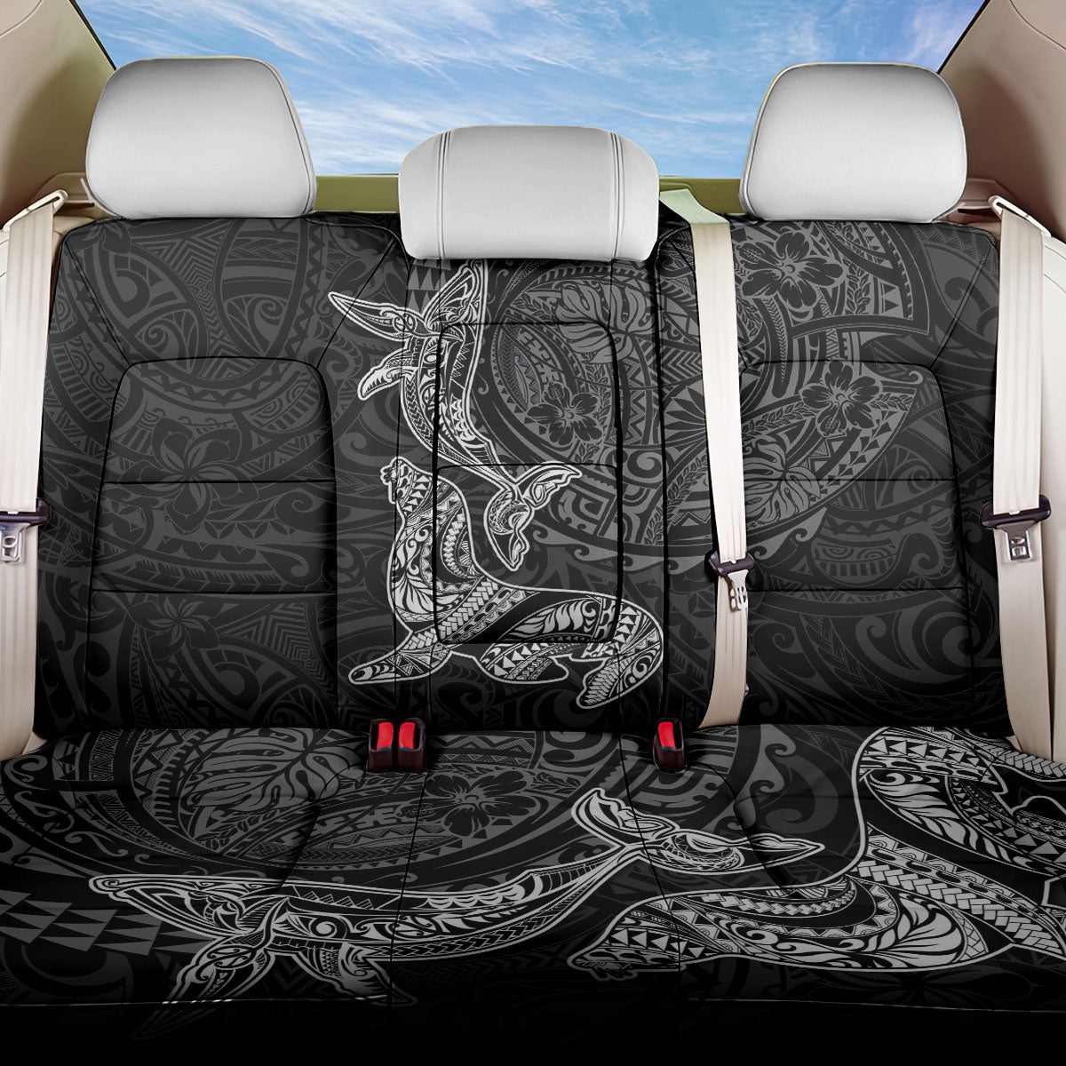 Hawaiian Monk Seal and Whale Back Car Seat Cover Kakau Tribal Pattern Grayscale LT03 One Size Black - Polynesian Pride