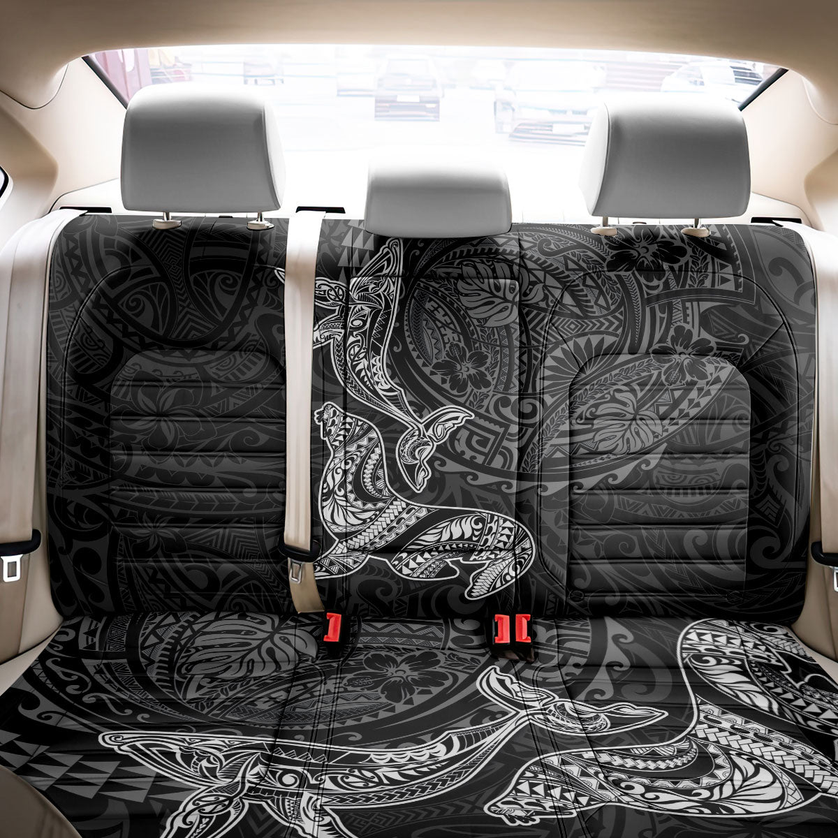 Hawaiian Monk Seal and Whale Back Car Seat Cover Kakau Tribal Pattern Grayscale LT03 - Polynesian Pride
