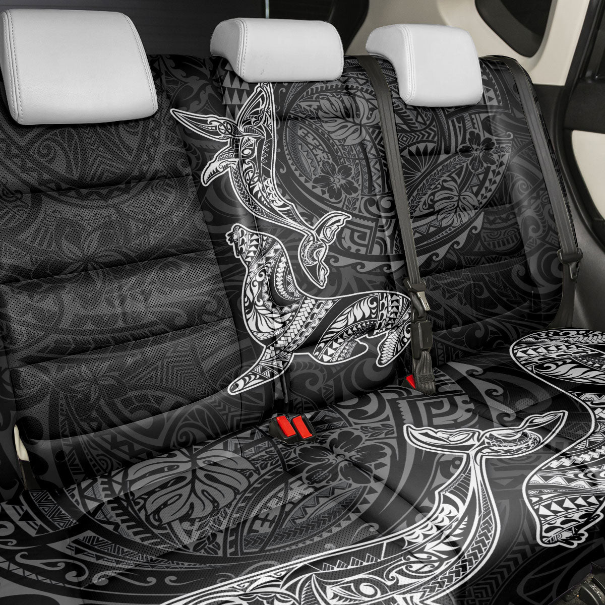 Hawaiian Monk Seal and Whale Back Car Seat Cover Kakau Tribal Pattern Grayscale LT03 - Polynesian Pride