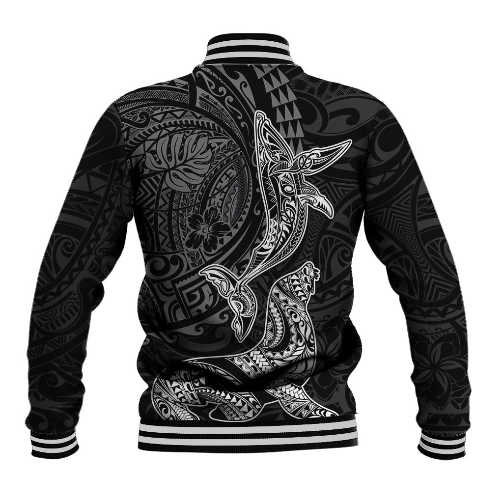 Hawaiian Monk Seal and Whale Baseball Jacket Kakau Tribal Pattern Grayscale