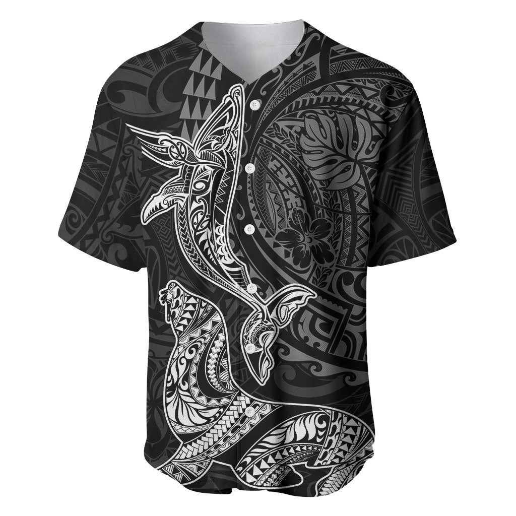 Hawaiian Monk Seal and Whale Baseball Jersey Kakau Tribal Pattern Grayscale