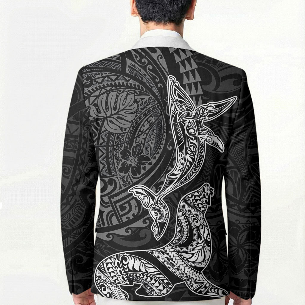 Hawaiian Monk Seal and Whale Blazer Kakau Tribal Pattern Grayscale