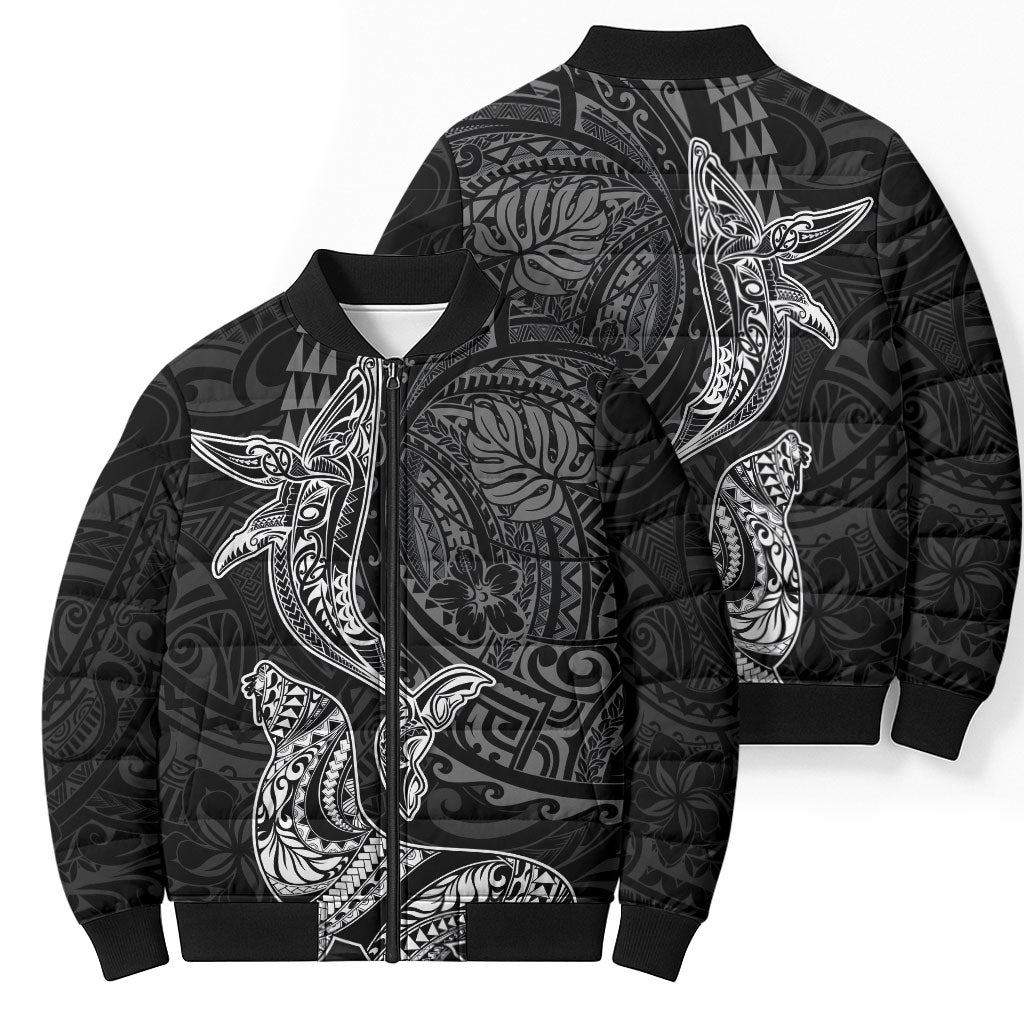 Hawaiian Monk Seal and Whale Bomber Puffer Jacket Kakau Tribal Pattern Grayscale