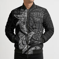 Hawaiian Monk Seal and Whale Bomber Puffer Jacket Kakau Tribal Pattern Grayscale