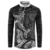 Hawaiian Monk Seal and Whale Button Sweatshirt Kakau Tribal Pattern Grayscale