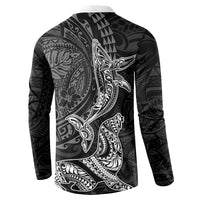 Hawaiian Monk Seal and Whale Button Sweatshirt Kakau Tribal Pattern Grayscale