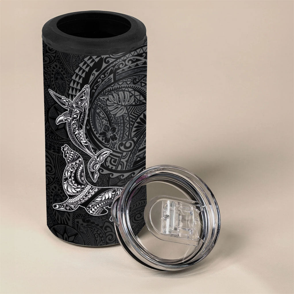 Hawaiian Monk Seal and Whale 4 in 1 Can Cooler Tumbler Kakau Tribal Pattern Grayscale