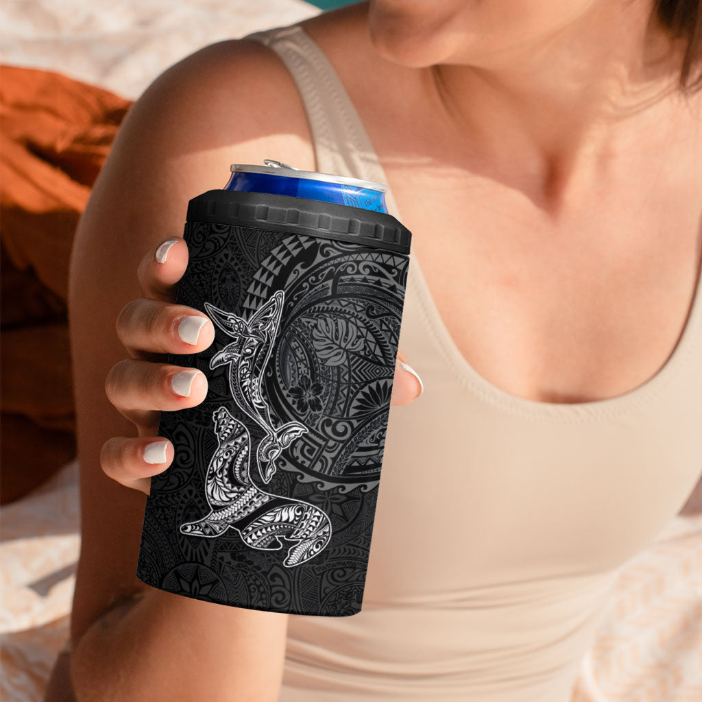 Hawaiian Monk Seal and Whale 4 in 1 Can Cooler Tumbler Kakau Tribal Pattern Grayscale