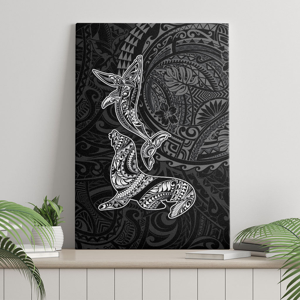 Hawaiian Monk Seal and Whale Canvas Wall Art Kakau Tribal Pattern Grayscale