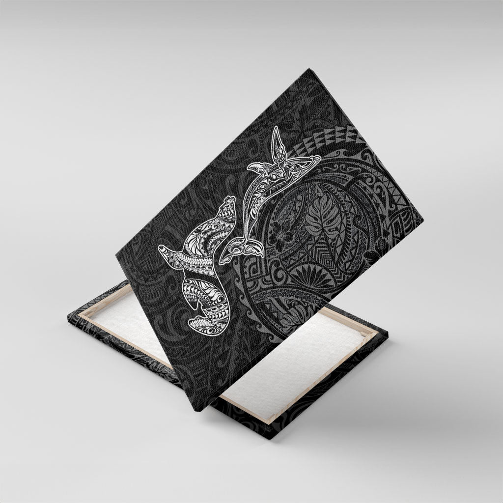 Hawaiian Monk Seal and Whale Canvas Wall Art Kakau Tribal Pattern Grayscale