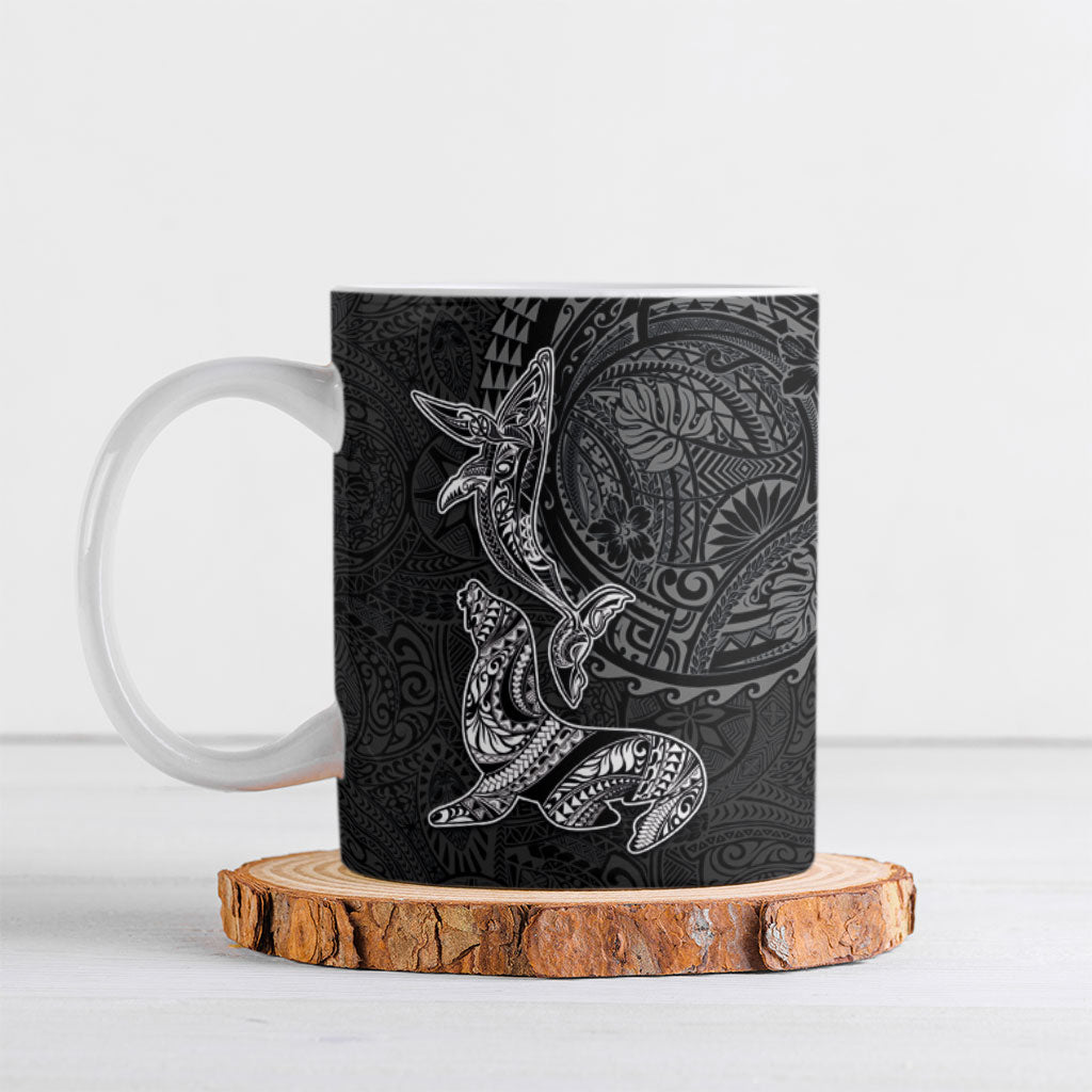 Hawaiian Monk Seal and Whale Ceramic Mug Kakau Tribal Pattern Grayscale