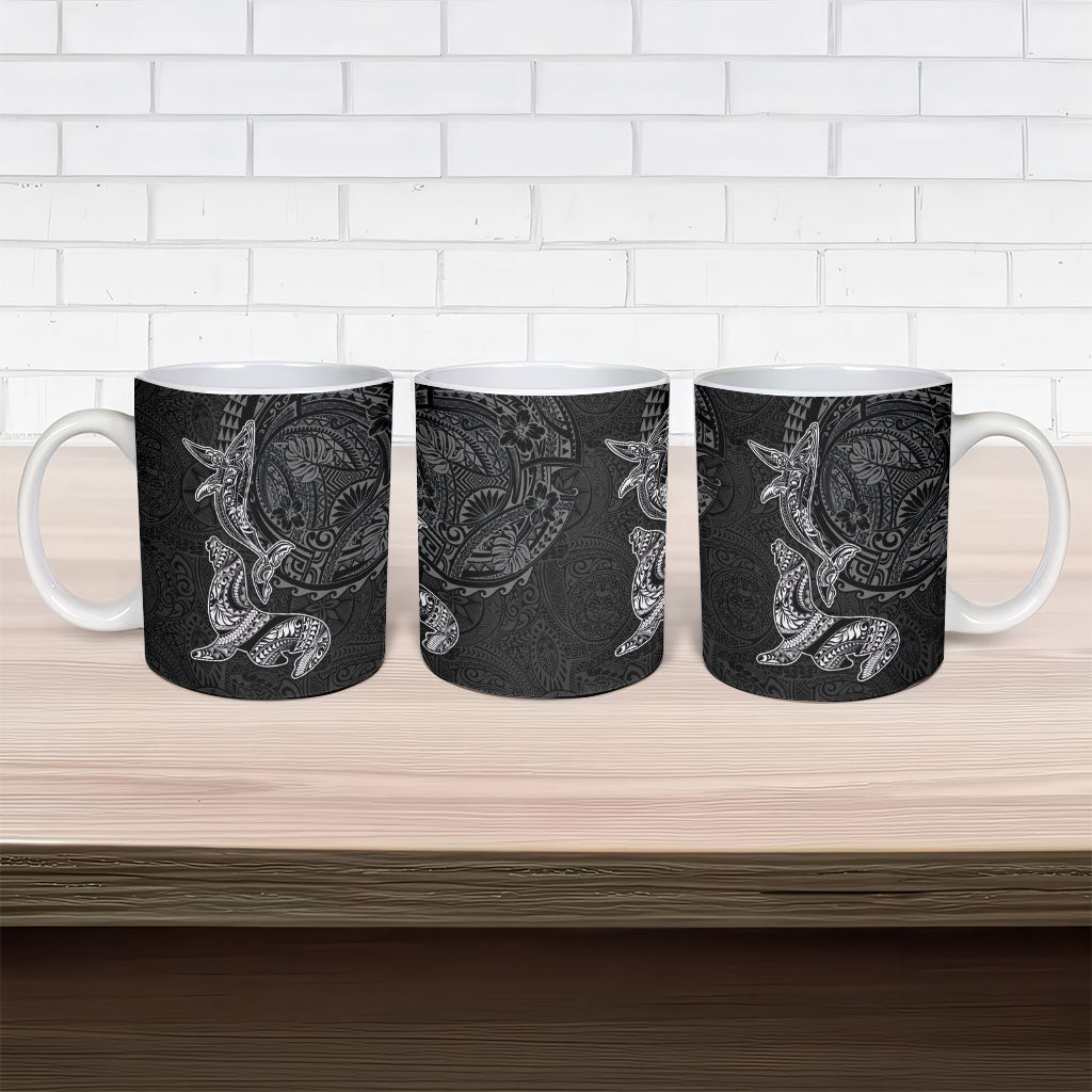 Hawaiian Monk Seal and Whale Ceramic Mug Kakau Tribal Pattern Grayscale