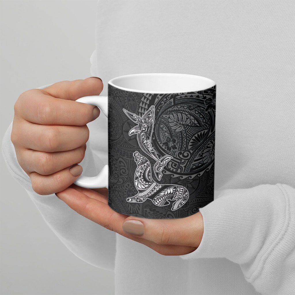 Hawaiian Monk Seal and Whale Ceramic Mug Kakau Tribal Pattern Grayscale