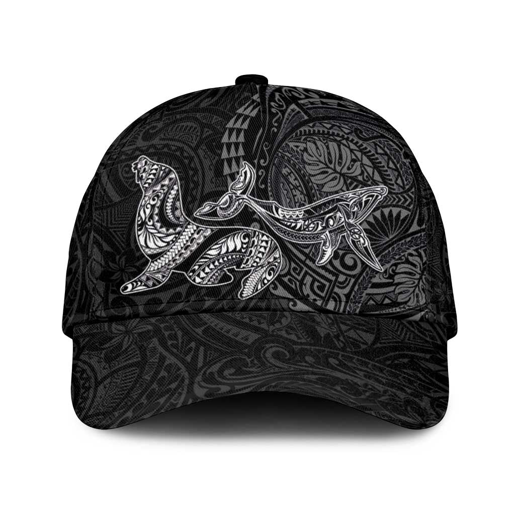 Hawaiian Monk Seal and Whale Classic Cap Kakau Tribal Pattern Grayscale