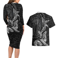 Hawaiian Monk Seal and Whale Couples Matching Long Sleeve Bodycon Dress and Hawaiian Shirt Kakau Tribal Pattern Grayscale