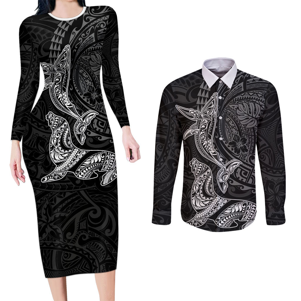 Hawaiian Monk Seal and Whale Couples Matching Long Sleeve Bodycon Dress and Long Sleeve Button Shirt Kakau Tribal Pattern Grayscale