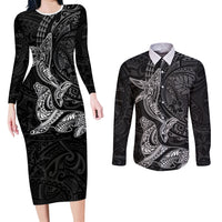 Hawaiian Monk Seal and Whale Couples Matching Long Sleeve Bodycon Dress and Long Sleeve Button Shirt Kakau Tribal Pattern Grayscale