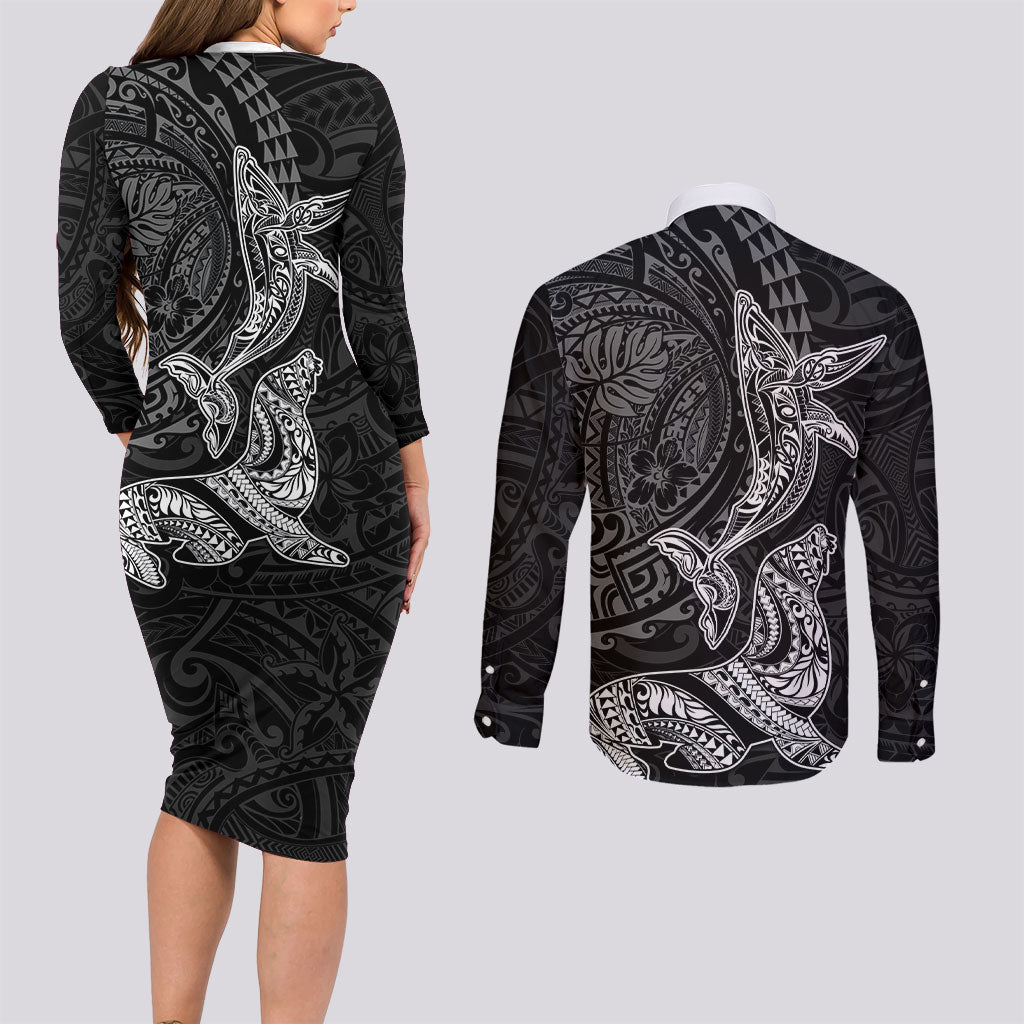 Hawaiian Monk Seal and Whale Couples Matching Long Sleeve Bodycon Dress and Long Sleeve Button Shirt Kakau Tribal Pattern Grayscale