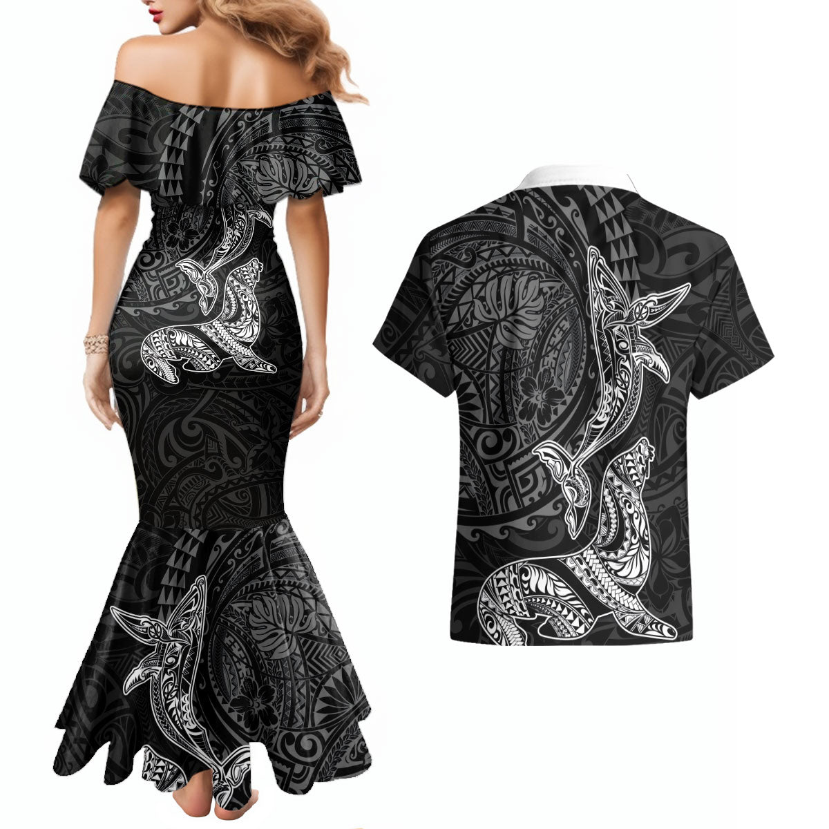 Hawaiian Monk Seal and Whale Couples Matching Mermaid Dress and Hawaiian Shirt Kakau Tribal Pattern Grayscale
