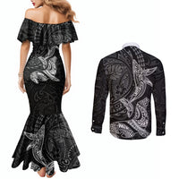 Hawaiian Monk Seal and Whale Couples Matching Mermaid Dress and Long Sleeve Button Shirt Kakau Tribal Pattern Grayscale