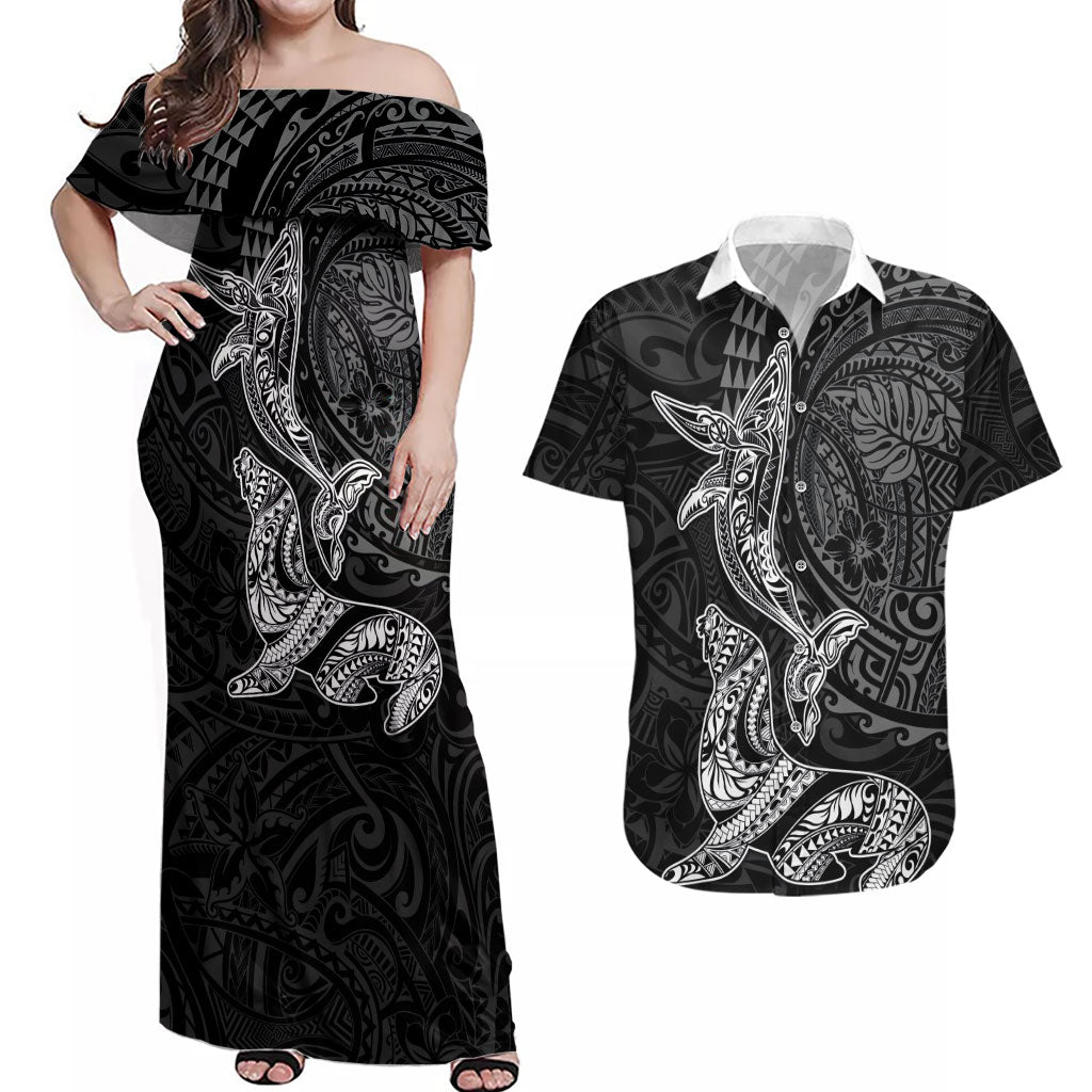 Hawaiian Monk Seal and Whale Couples Matching Off Shoulder Maxi Dress and Hawaiian Shirt Kakau Tribal Pattern Grayscale