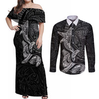 Hawaiian Monk Seal and Whale Couples Matching Off Shoulder Maxi Dress and Long Sleeve Button Shirt Kakau Tribal Pattern Grayscale