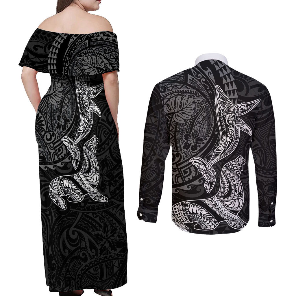 Hawaiian Monk Seal and Whale Couples Matching Off Shoulder Maxi Dress and Long Sleeve Button Shirt Kakau Tribal Pattern Grayscale