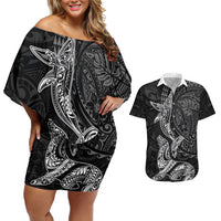 Hawaiian Monk Seal and Whale Couples Matching Off Shoulder Short Dress and Hawaiian Shirt Kakau Tribal Pattern Grayscale
