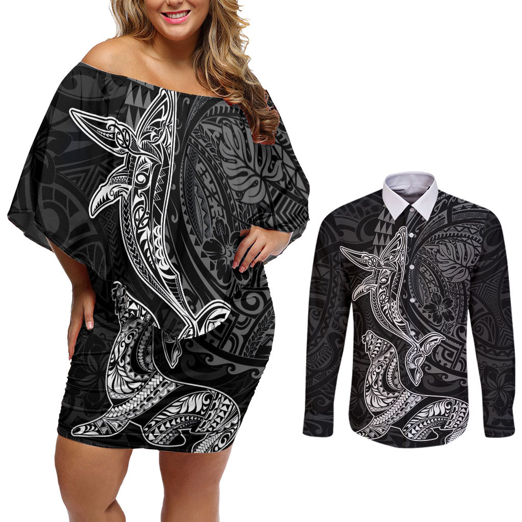 Hawaiian Monk Seal and Whale Couples Matching Off Shoulder Short Dress and Long Sleeve Button Shirt Kakau Tribal Pattern Grayscale