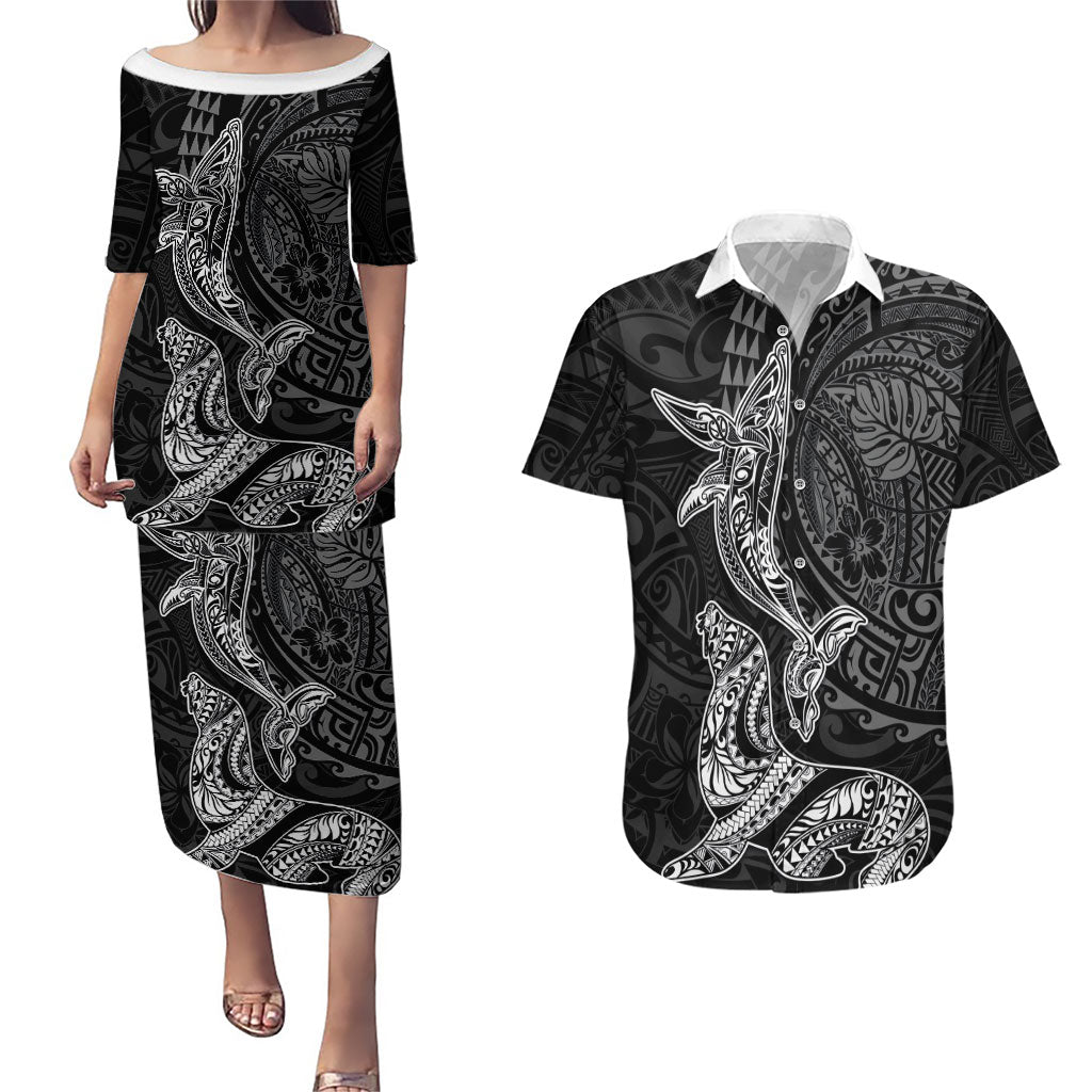Hawaiian Monk Seal and Whale Couples Matching Puletasi and Hawaiian Shirt Kakau Tribal Pattern Grayscale LT03 Black - Polynesian Pride