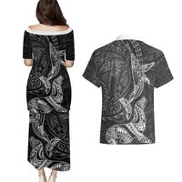 Hawaiian Monk Seal and Whale Couples Matching Puletasi and Hawaiian Shirt Kakau Tribal Pattern Grayscale LT03 - Polynesian Pride