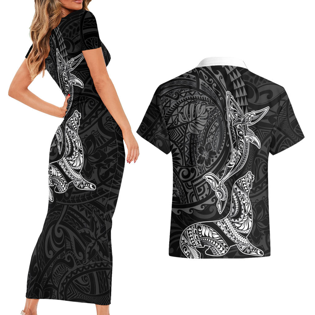 Hawaiian Monk Seal and Whale Couples Matching Short Sleeve Bodycon Dress and Hawaiian Shirt Kakau Tribal Pattern Grayscale