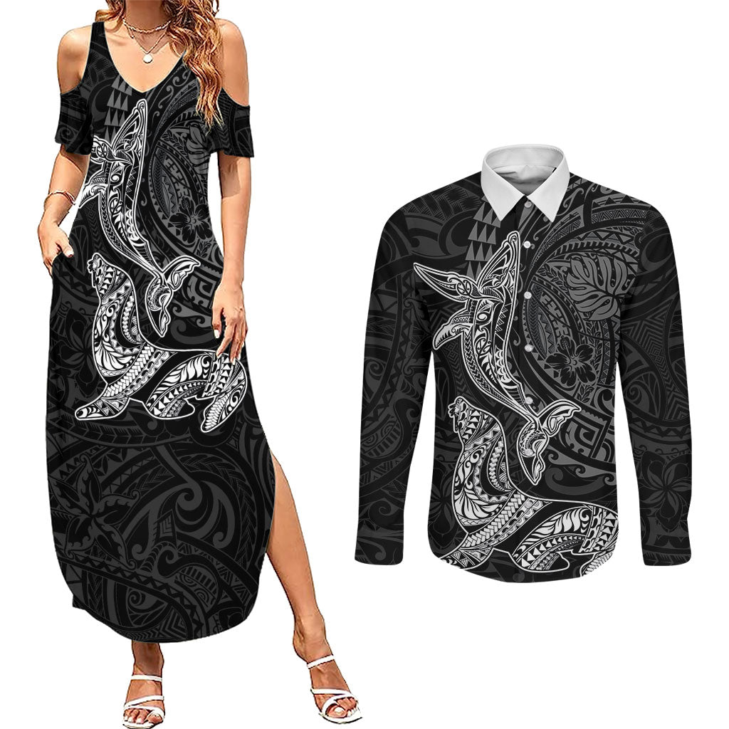 Hawaiian Monk Seal and Whale Couples Matching Summer Maxi Dress and Long Sleeve Button Shirt Kakau Tribal Pattern Grayscale