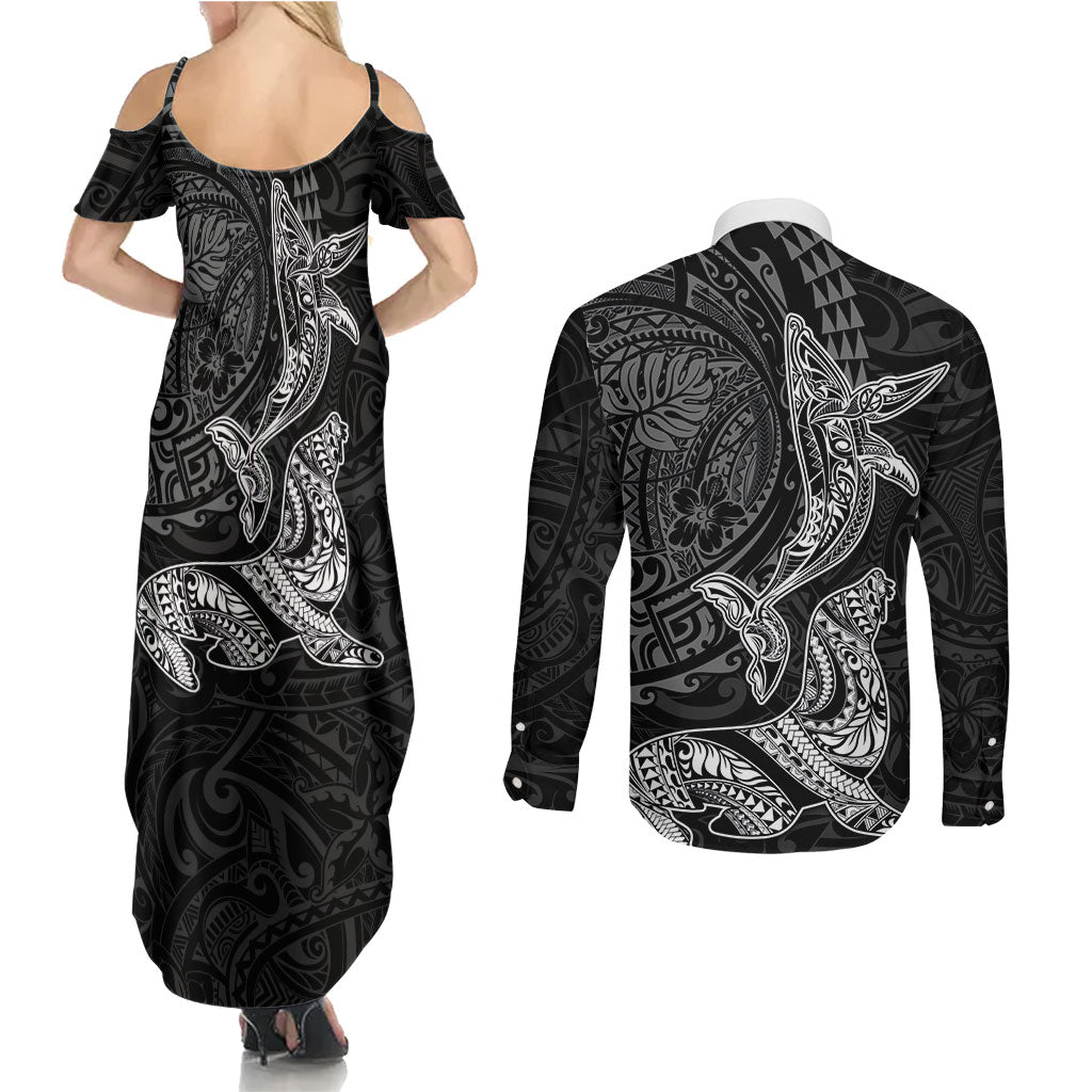 Hawaiian Monk Seal and Whale Couples Matching Summer Maxi Dress and Long Sleeve Button Shirt Kakau Tribal Pattern Grayscale